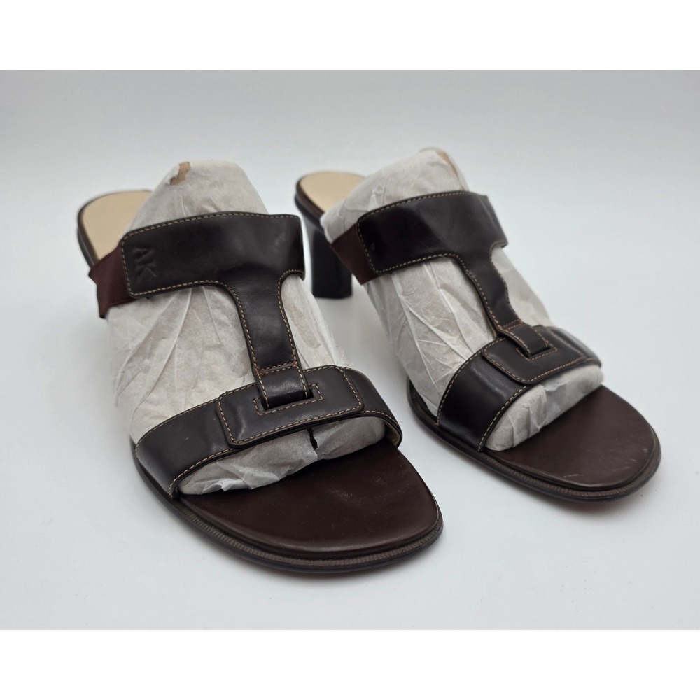 Anne Klein KKBecker Brown Leather Slide Sandals Mules Block Heel Women's 7.5M